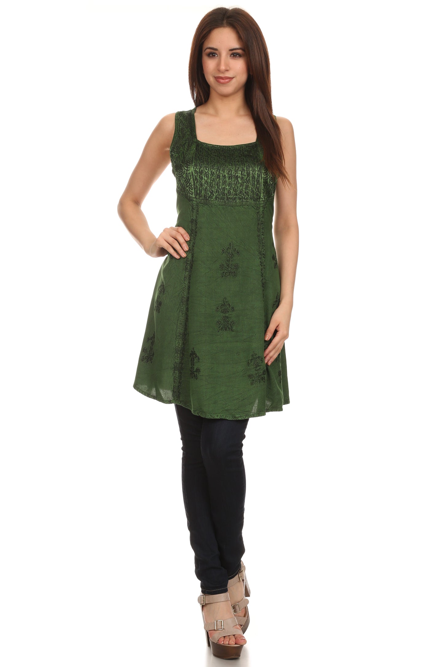 Sakkas Kalee Blusa túnica sin mangas con bordado ajustable / Vestido corto