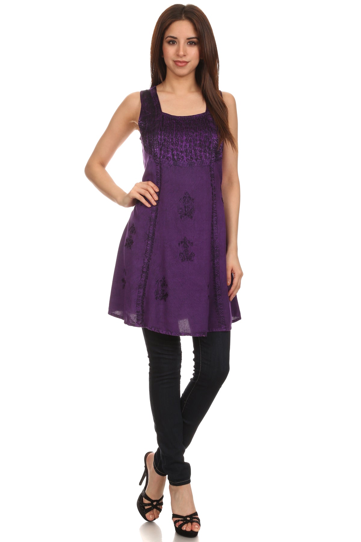 Sakkas Kalee Blusa túnica sin mangas con bordado ajustable / Vestido corto