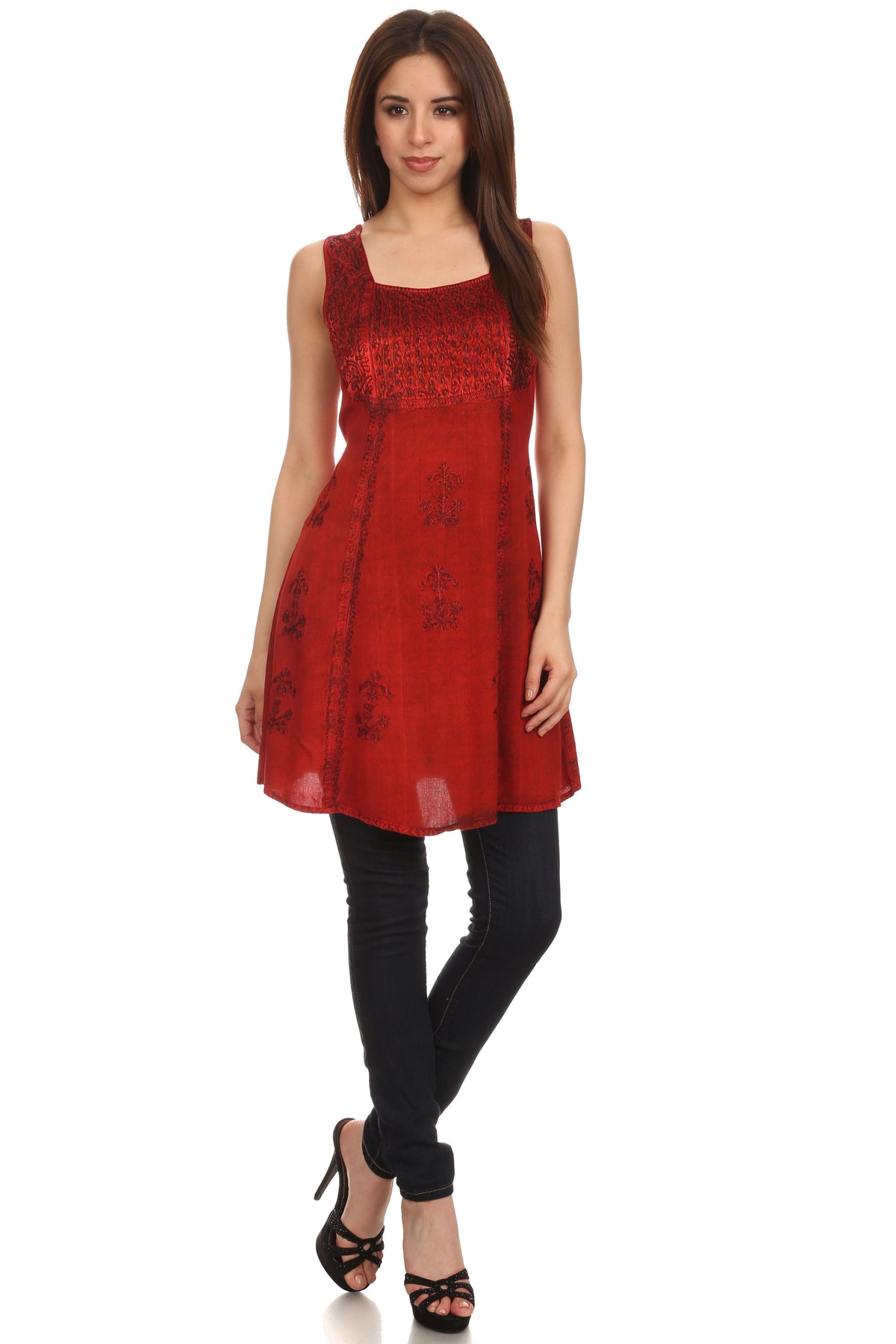 Sakkas Kalee Blusa túnica sin mangas con bordado ajustable / Vestido corto
