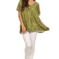 Sakkas Elaine Embroidered Batik Scoop Neck Relaxed Fit Flutter Sleeve Blouse