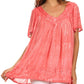 Sakkas Elaine Embroidered Batik Scoop Neck Relaxed Fit Flutter Sleeve Blouse