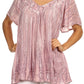 Sakkas Elaine Embroidered Batik Scoop Neck Relaxed Fit Flutter Sleeve Blouse