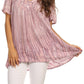 Sakkas Elaine Embroidered Batik Scoop Neck Relaxed Fit Flutter Sleeve Blouse