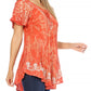 Sakkas Ash Speckled Tiedye Embroidered Cap Sleeve Blouse Top With Embroidery Hems
