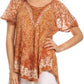Sakkas Ash Speckled Tiedye Embroidered Cap Sleeve Blouse Top With Embroidery Hems