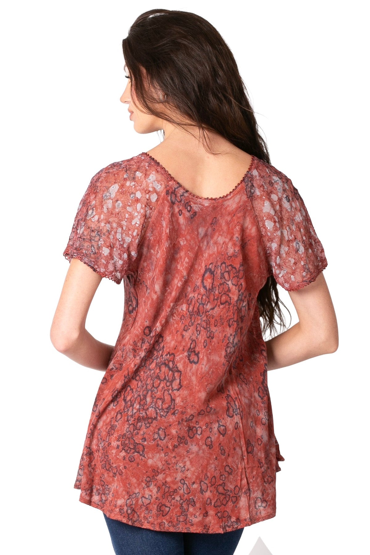 Sakkas Ash Speckled Tiedye Embroidered Cap Sleeve Blouse Top With Embroidery Hems