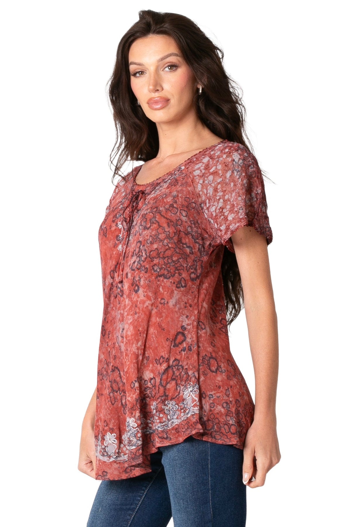 Sakkas Ash Speckled Tiedye Embroidered Cap Sleeve Blouse Top With Embroidery Hems