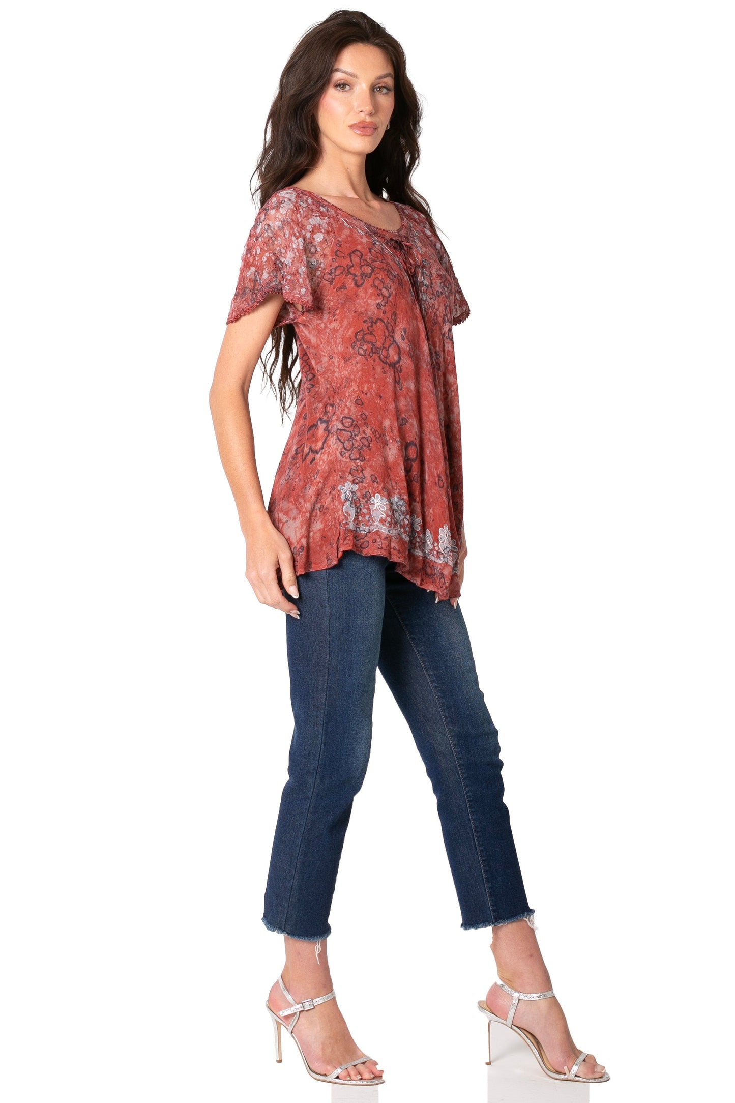 Sakkas Ash Speckled Tiedye Embroidered Cap Sleeve Blouse Top With Embroidery Hems