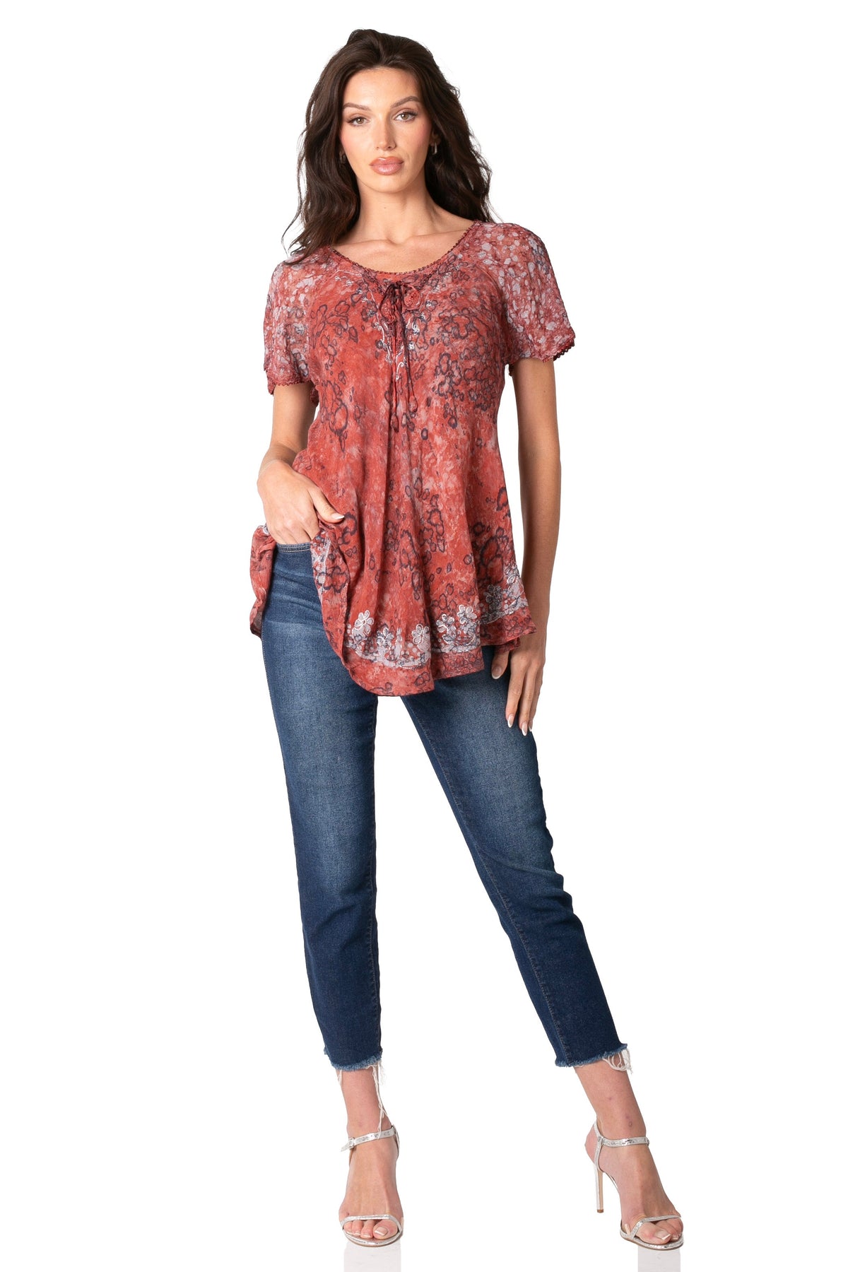 Sakkas Ash Speckled Tiedye Embroidered Cap Sleeve Blouse Top With Embroidery Hems