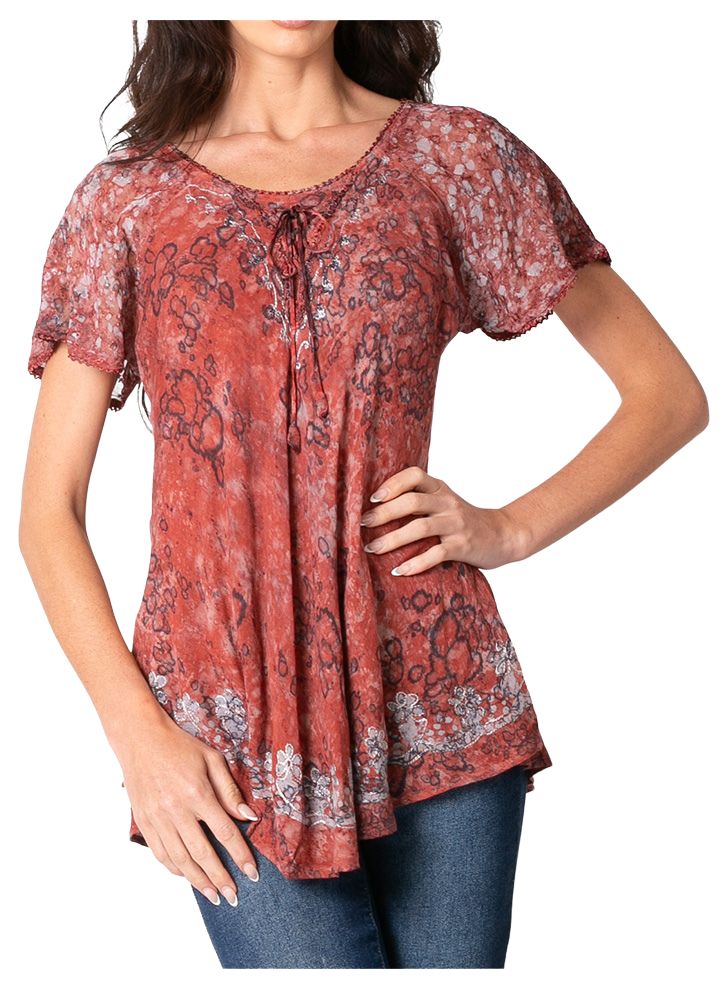 Sakkas Ash Speckled Tiedye Embroidered Cap Sleeve Blouse Top With Embroidery Hems