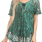 Sakkas Ash Speckled Tiedye Embroidered Cap Sleeve Blouse Top With Embroidery Hems