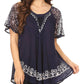 Sakkas Ash Speckled Tiedye Embroidered Cap Sleeve Blouse Top With Embroidery Hems