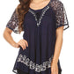 Sakkas Ash Speckled Tiedye Embroidered Cap Sleeve Blouse Top With Embroidery Hems