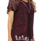 Sakkas Ash Speckled Tiedye Embroidered Cap Sleeve Blouse Top With Embroidery Hems