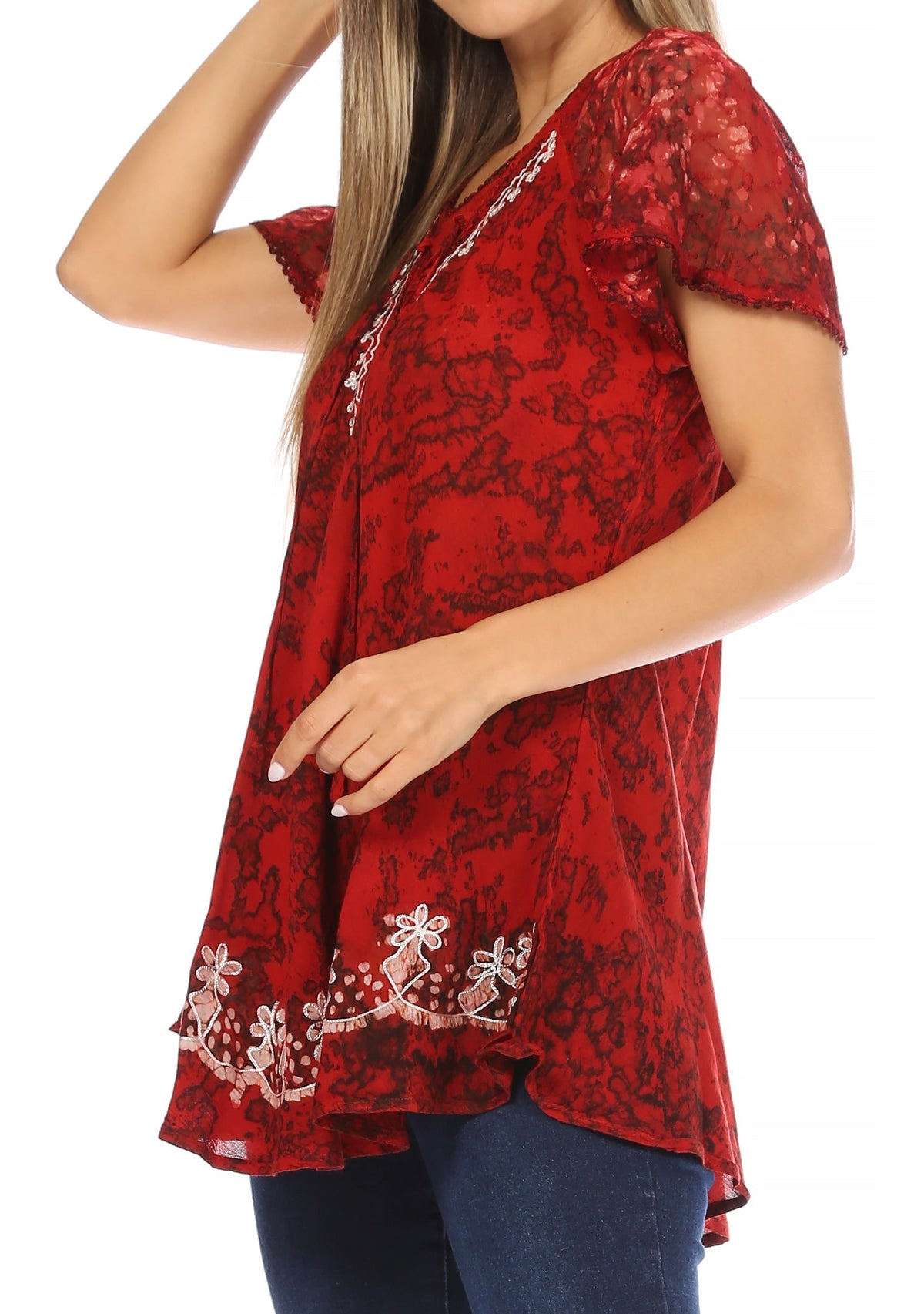 Sakkas Ash Speckled Tiedye Embroidered Cap Sleeve Blouse Top With Embroidery Hems