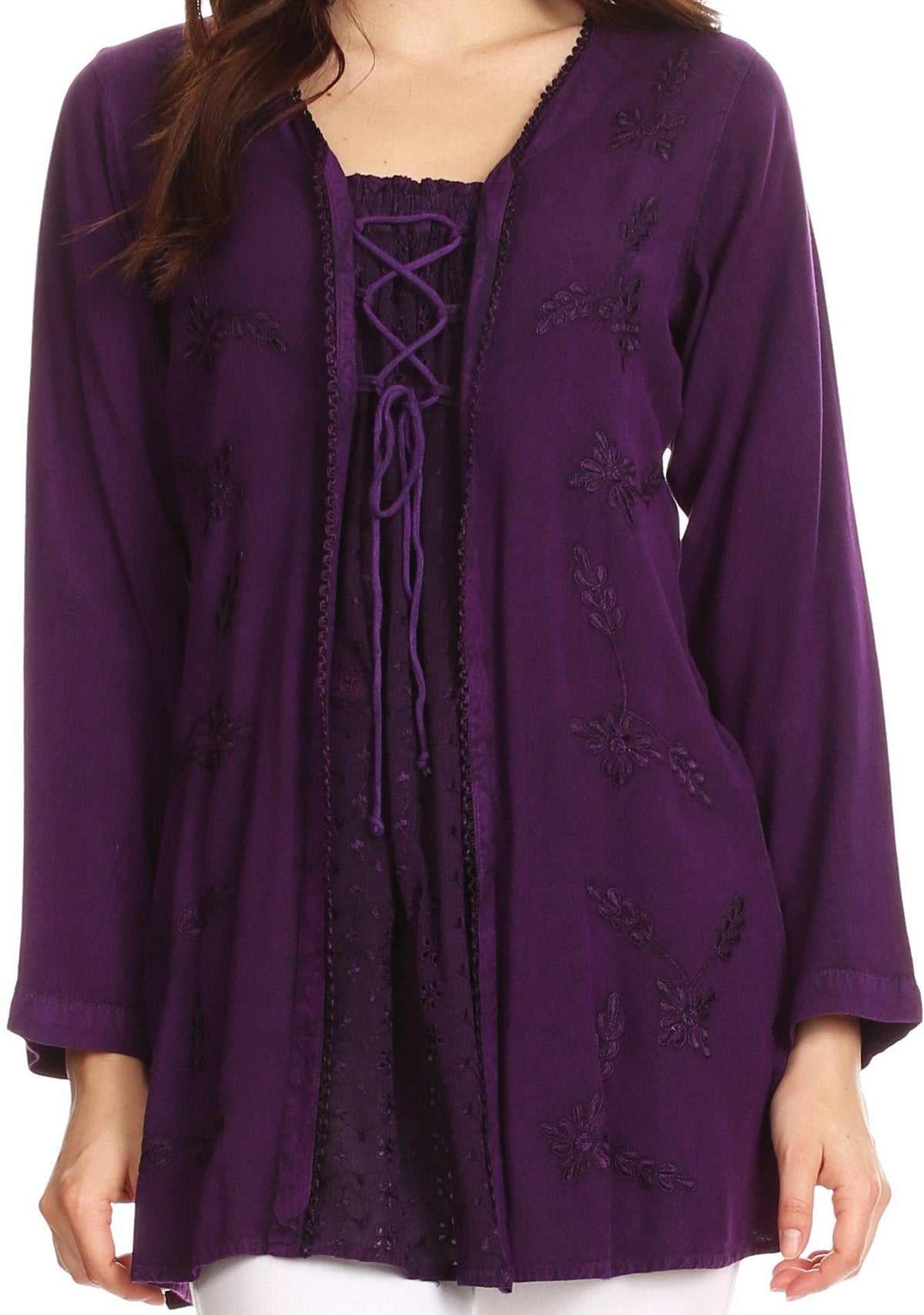 Sakkas Caylyan Long Adjustable Embroidered Long Sleeve Blouse With Corset Top