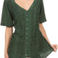 Sakkas Klaniya V Neck Button Down Embroidered Short Sleeve Light Blouse Shirt Top