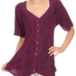Sakkas Klaniya V Neck Button Down Embroidered Short Sleeve Light Blouse Shirt Top