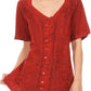 Sakkas Klaniya V Neck Button Down Embroidered Short Sleeve Light Blouse Shirt Top