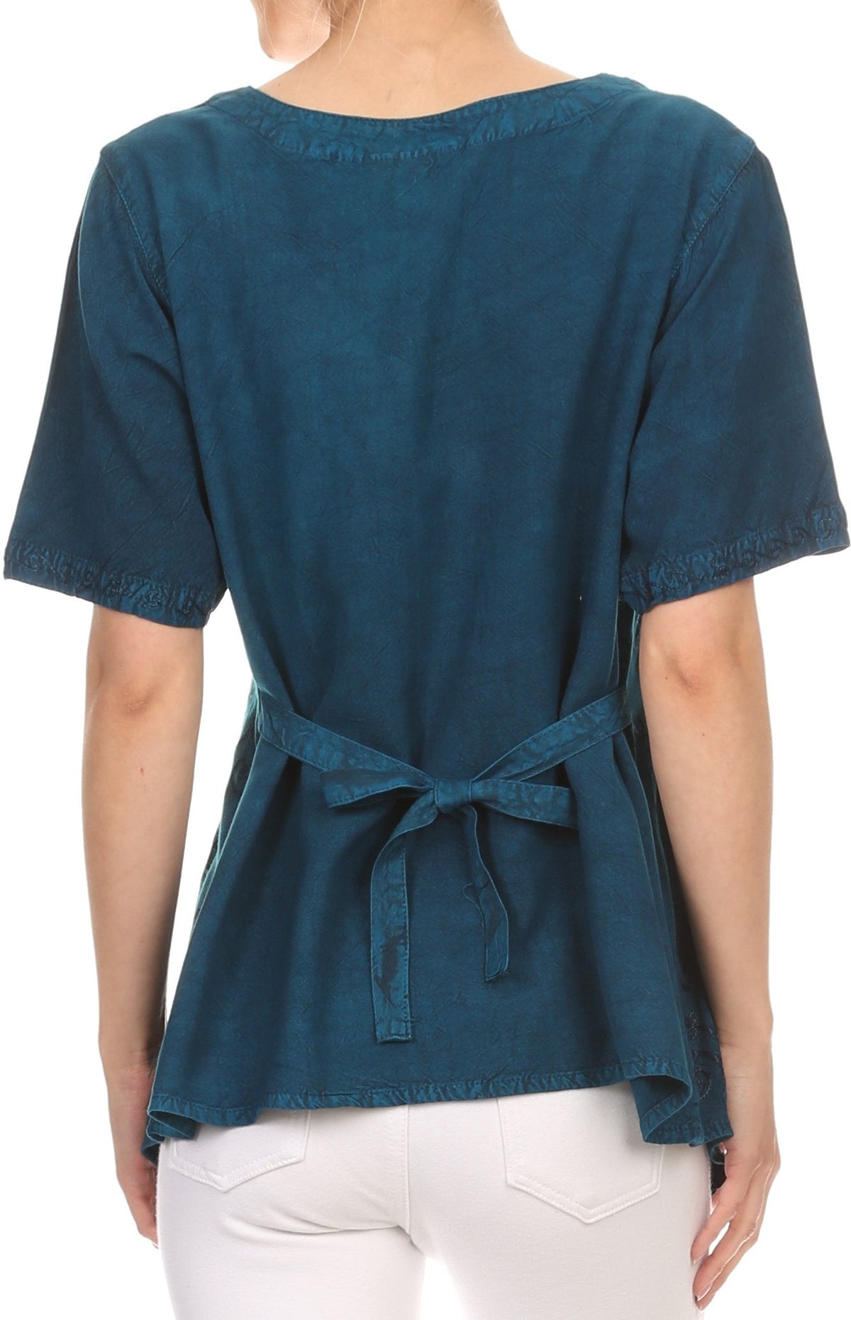 Sakkas Klaniya V Neck Button Down Embroidered Short Sleeve Light Blouse Shirt Top