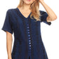 Sakkas Estella Womens Short Sleeve V neck Button Down Top Blouse with Embroidery