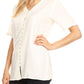 Sakkas Estella Womens Short Sleeve V neck Button Down Top Blouse with Embroidery