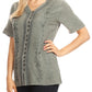 Sakkas Estella Womens Short Sleeve V neck Button Down Top Blouse with Embroidery