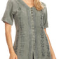 Sakkas Estella Womens Short Sleeve V neck Button Down Top Blouse with Embroidery