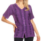 Sakkas Estella Womens Short Sleeve V neck Button Down Top Blouse with Embroidery