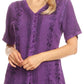 Sakkas Estella Womens Short Sleeve V neck Button Down Top Blouse with Embroidery