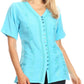 Sakkas Estella Womens Short Sleeve V neck Button Down Top Blouse with Embroidery