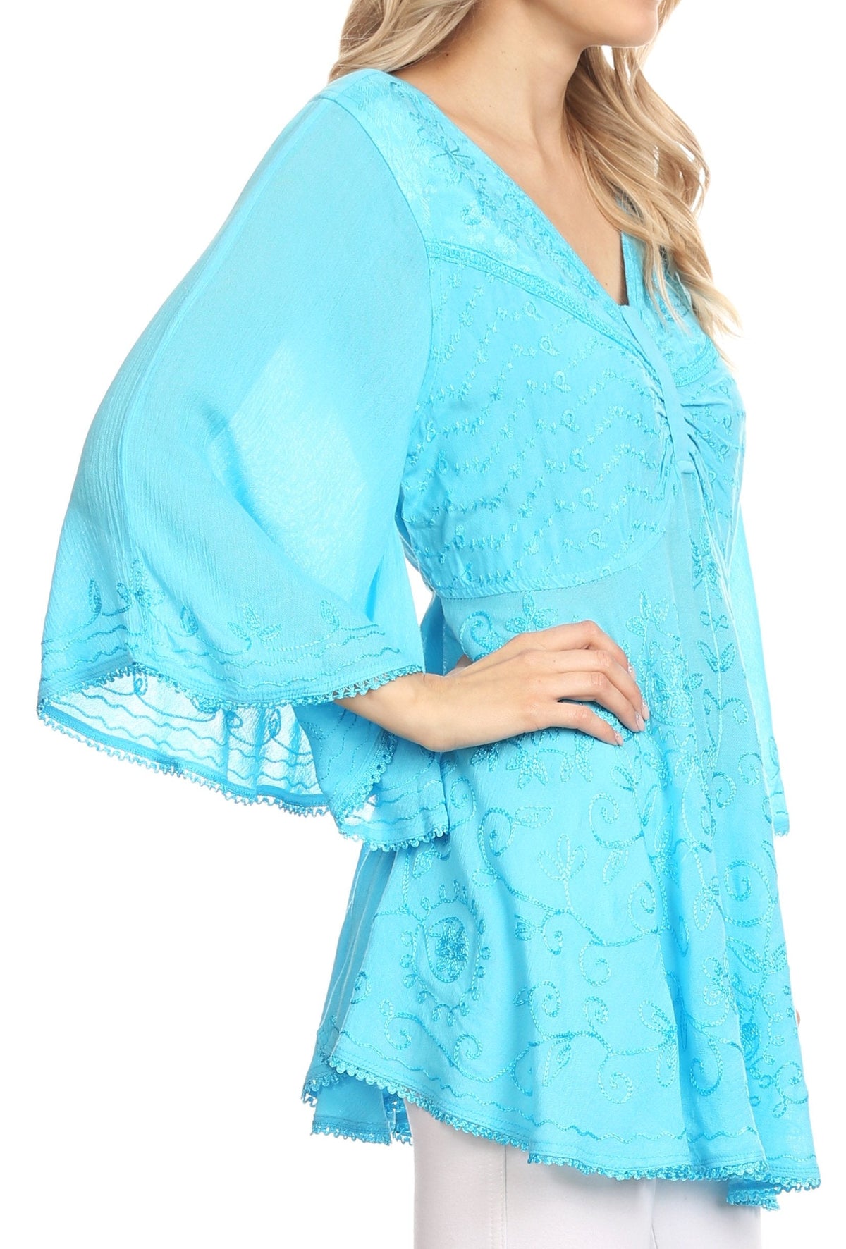 Sakkas Valeria Womens V neck  Bohemian Ethnic Casual Flare Blouse Top Embroidered