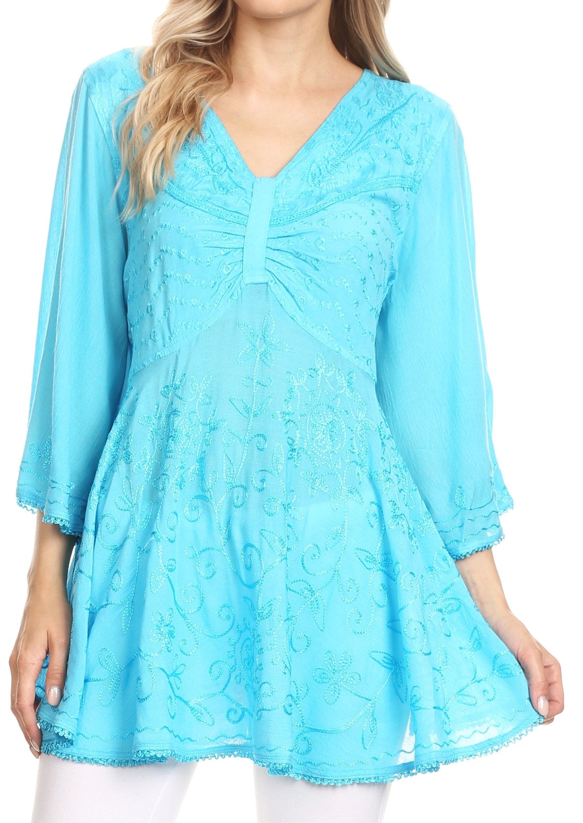 Sakkas Valeria Womens V neck  Bohemian Ethnic Casual Flare Blouse Top Embroidered