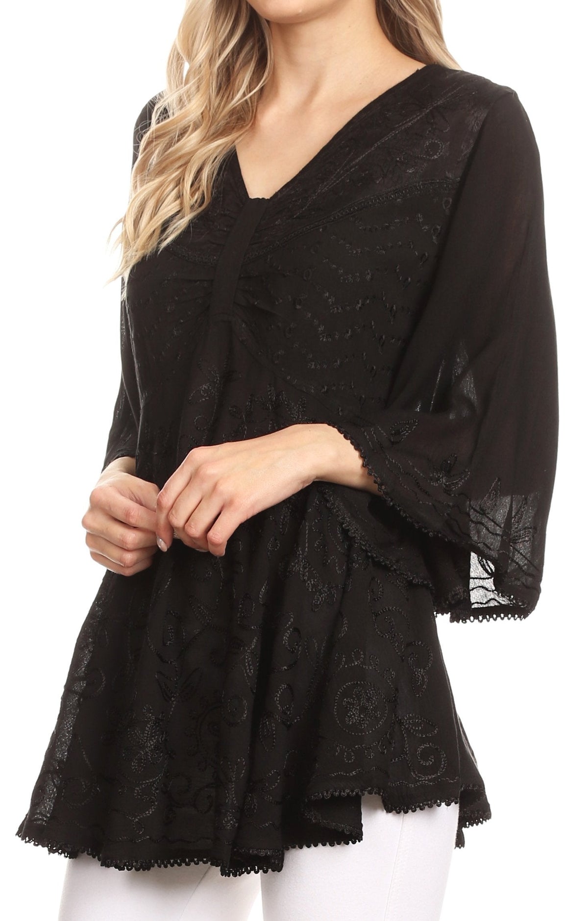 Sakkas Valeria Womens V neck  Bohemian Ethnic Casual Flare Blouse Top Embroidered