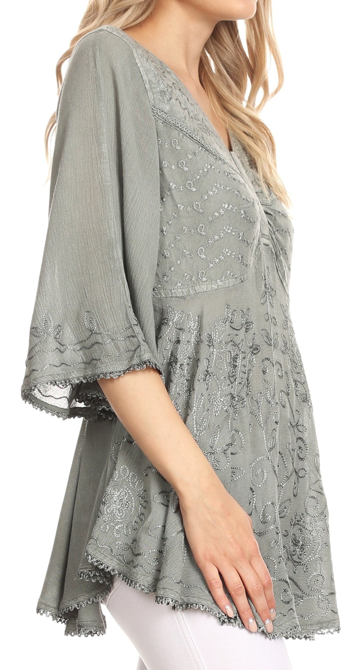 Sakkas Valeria Womens V neck  Bohemian Ethnic Casual Flare Blouse Top Embroidered