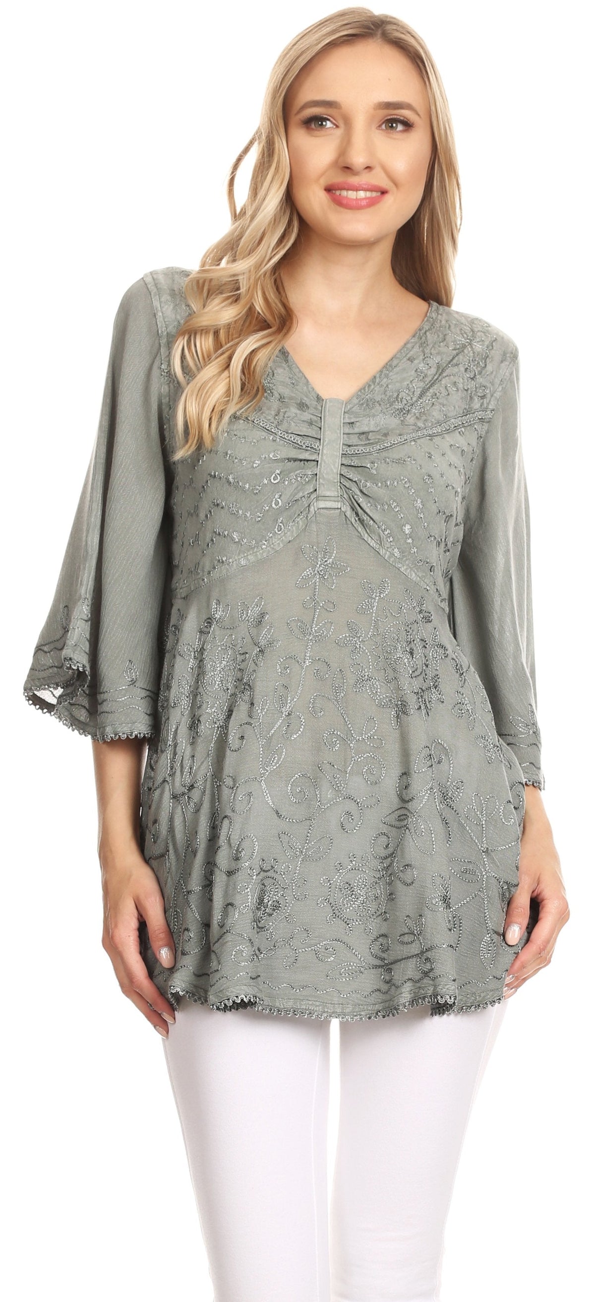 Sakkas Valeria Womens V neck  Bohemian Ethnic Casual Flare Blouse Top Embroidered