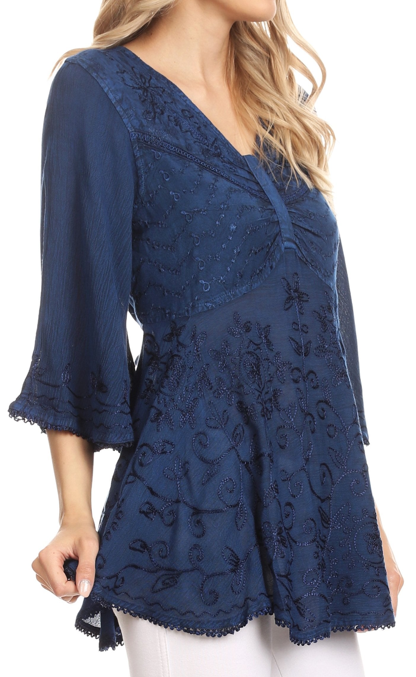 Sakkas Valeria Womens V neck  Bohemian Ethnic Casual Flare Blouse Top Embroidered