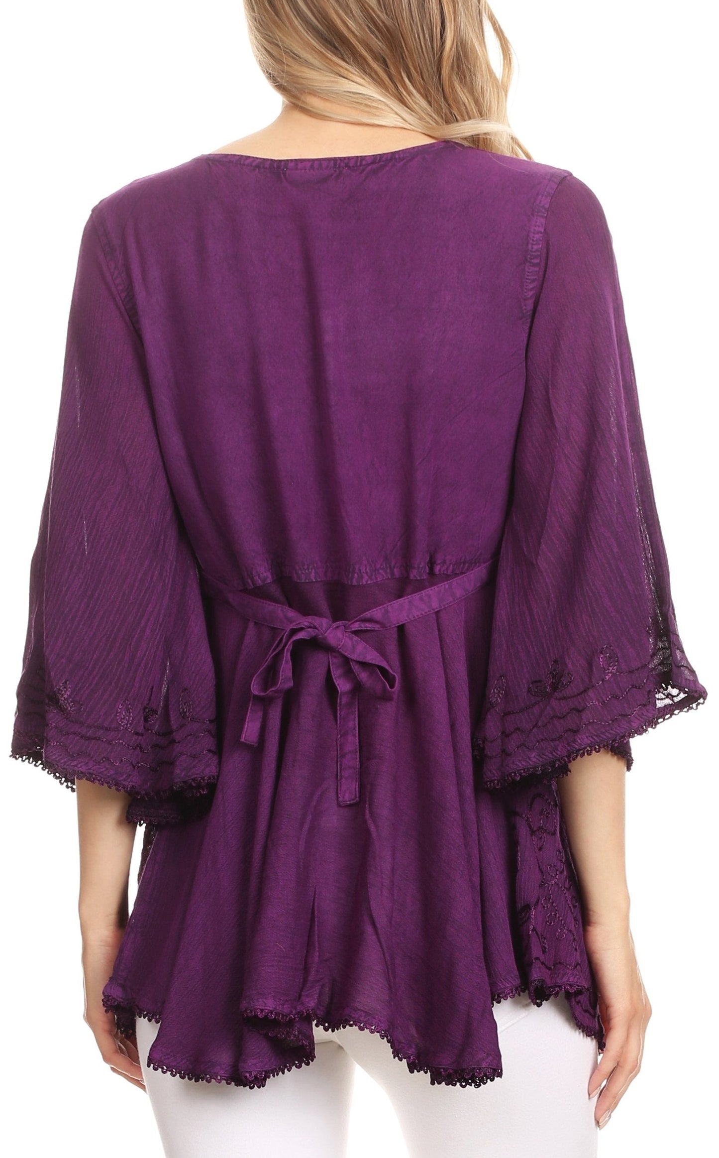 Sakkas Valeria Womens V neck  Bohemian Ethnic Casual Flare Blouse Top Embroidered