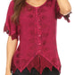Sakkas Emma Womens Stonewashed V neck Short Sleeve Blouse Top Crochet Button Down