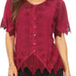Sakkas Emma Womens Stonewashed V neck Short Sleeve Blouse Top Crochet Button Down
