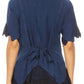 Sakkas Emma Womens Stonewashed V neck Short Sleeve Blouse Top Crochet Button Down