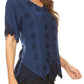 Sakkas Emma Womens Stonewashed V neck Short Sleeve Blouse Top Crochet Button Down