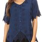 Sakkas Emma Womens Stonewashed V neck Short Sleeve Blouse Top Crochet Button Down