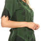 Sakkas Emma Womens Stonewashed V neck Short Sleeve Blouse Top Crochet Button Down