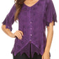 Sakkas Emma Womens Stonewashed V neck Short Sleeve Blouse Top Crochet Button Down