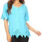 Sakkas Emma Womens Stonewashed V neck Short Sleeve Blouse Top Crochet Button Down