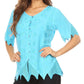 Sakkas Emma Womens Stonewashed V neck Short Sleeve Blouse Top Crochet Button Down