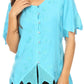 Sakkas Emma Womens Stonewashed V neck Short Sleeve Blouse Top Crochet Button Down