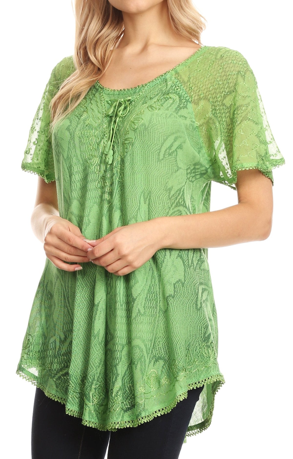 Sakkas Maliky Wide Corset Neck Floral Embroidered Cap Sleeve Blouse Top Shirt