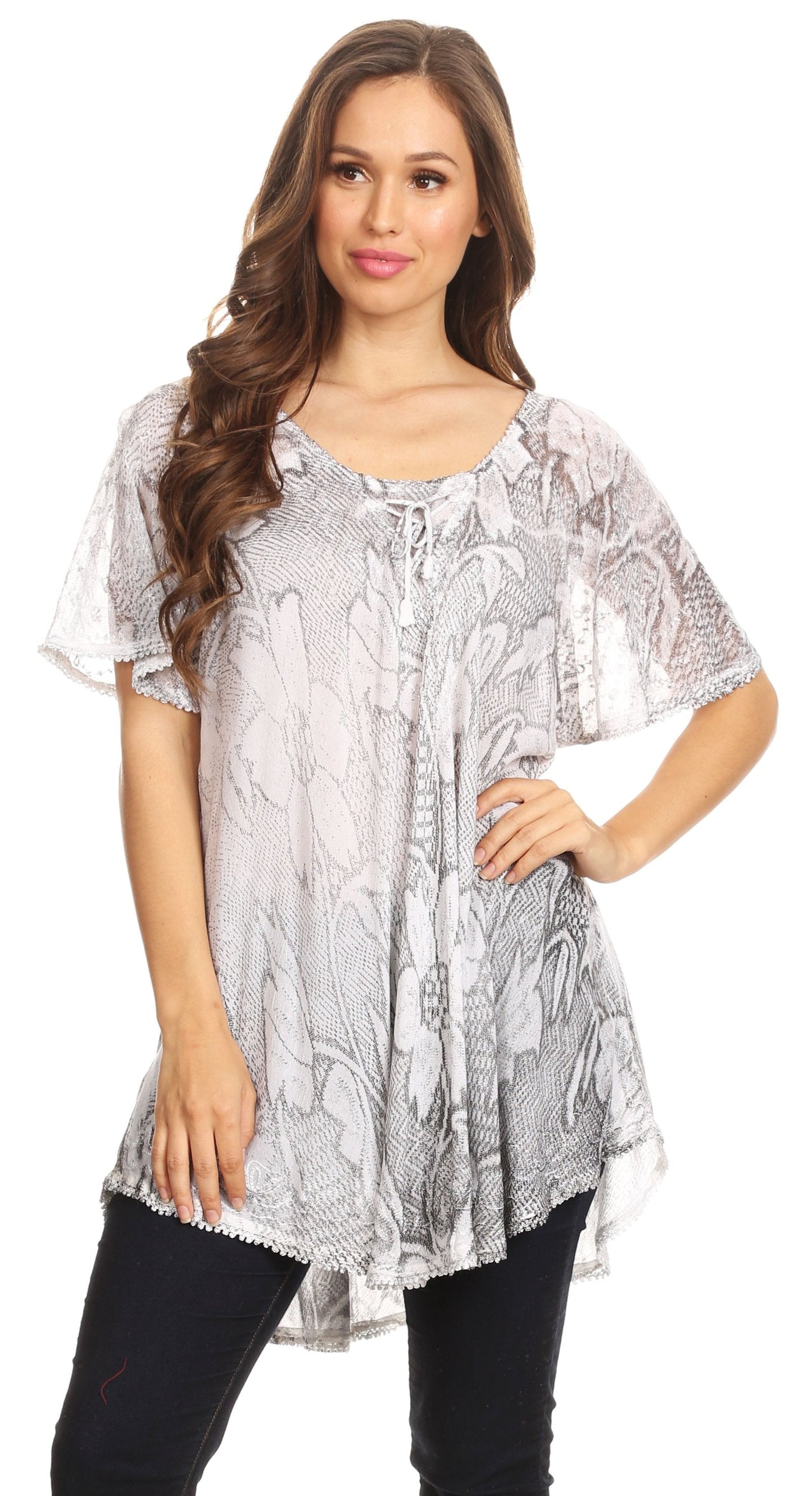 Sakkas Maliky Wide Corset Neck Floral Embroidered Cap Sleeve Blouse Top Shirt